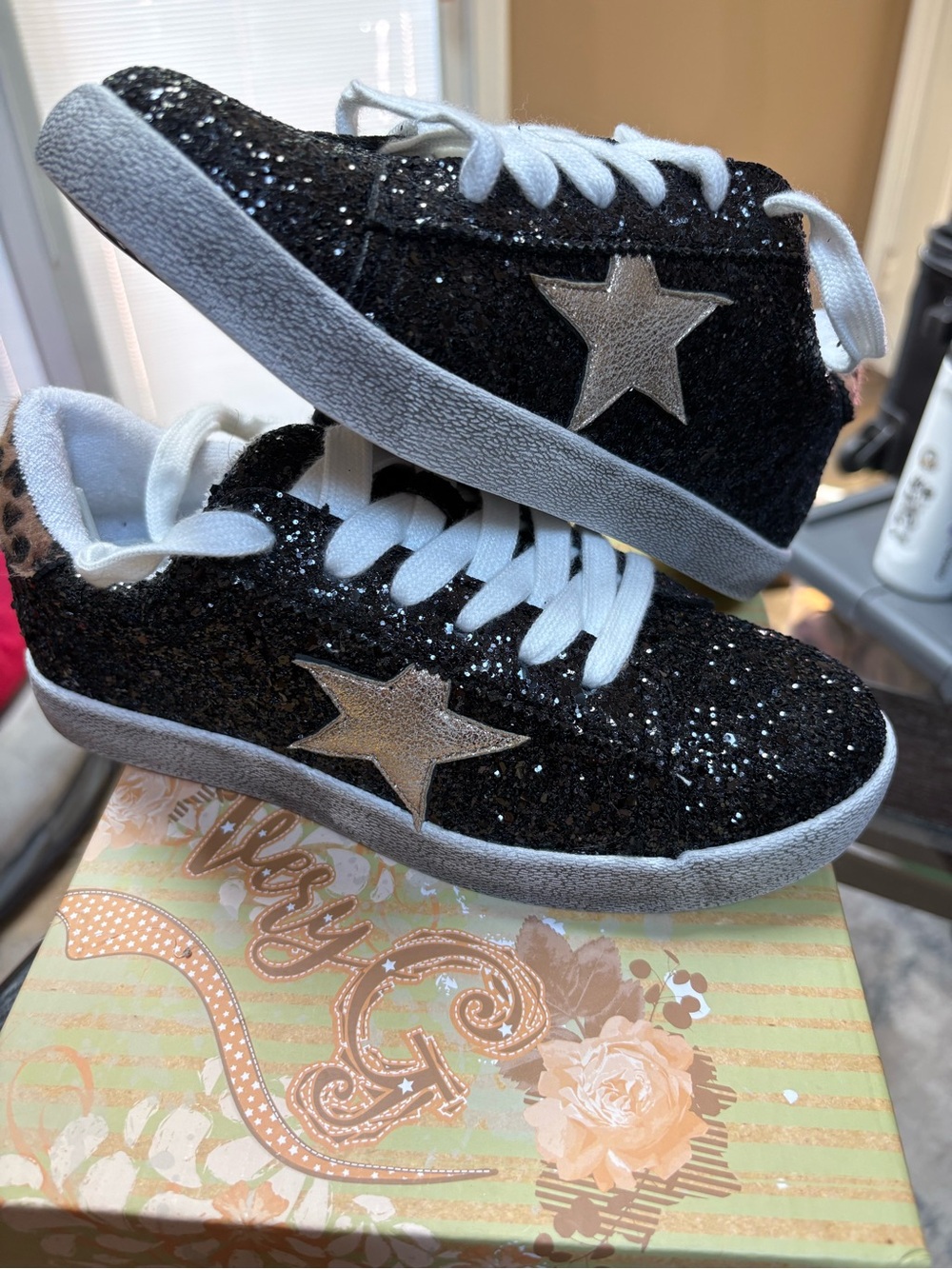 Very G Black Glitter Sneakers with Silver Star Accent